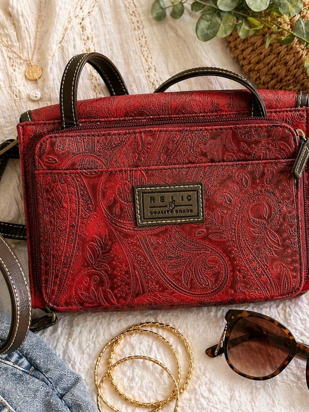 Relic Red Western Embossed Paisley Crossbody Bag Boho